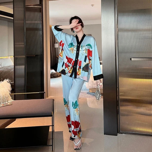 Women's Pajamas Set Luxury Print Silk Sleepwear V Neck Design Homewear Nightwear
