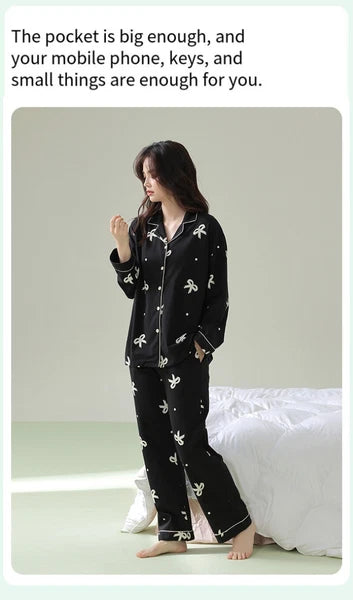 Women's Pajamas Set Long Sleeve Cardigan Bow Print Comfortable Antibacterial Homewear-