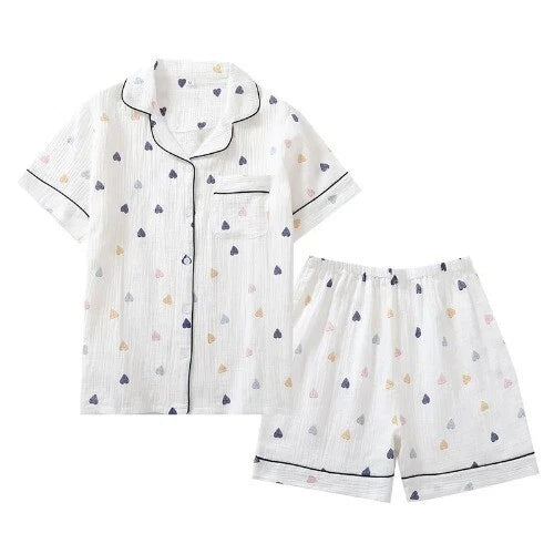 Summer Ladies Cotton Gauze Short Sleeve Shorts Pajamas Suit Cute Heart-shaped