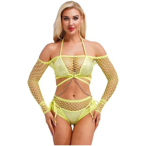 Womens Underwear Shiny Thong Crop Top Lingerie Lace-up Nightwear 4-piece Bra