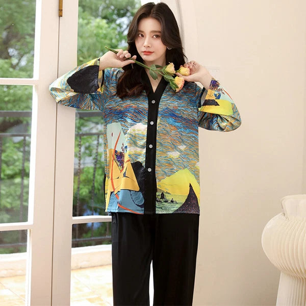 Women's Pajamas Set Luxury Print Silk Sleepwear V Neck Design Homewear Nightwear