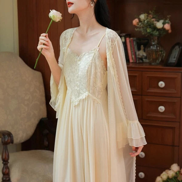 Women Lounge Suit Sling Padded Dress Cotton Robes Mesh Nightwear 2pcs 161201