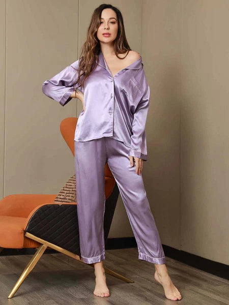 Women's 19mm Pure Mulberry Silk Pajamas Set Silk Sleepwear Nightwear Home Wear