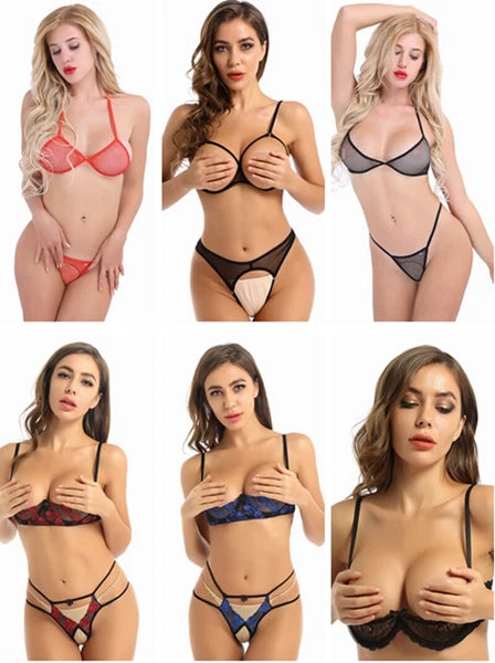 FEESHOW Sexy Lingerie Set Women Open Cup Bra Briefs Panties Babydoll AU