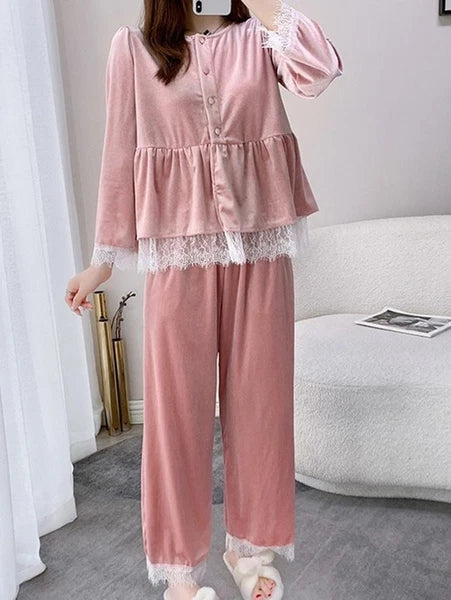 Velvet Pajamas Suit V-Neck 2PCS Set Women Lace Sleepwear Button-down Nightwear