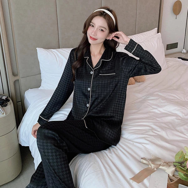 Women's Long Sleeve Silk Pajama Set Button-Down Sleepwear Print Loungewear Plus