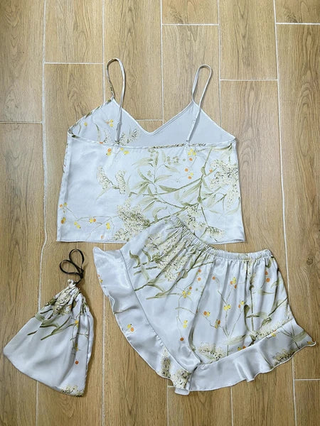 Floral Print Cami Tops Ruffle Hem Shorts Pajama Set Women's Sleepwear Loungewear
