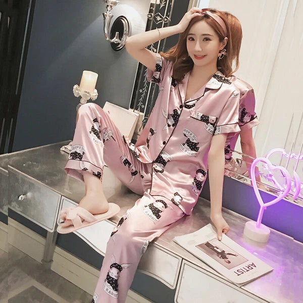 Women's Satin Pyjamas Set Short Sleeve Button-Down Sleepwear Silk PJS Loungewear