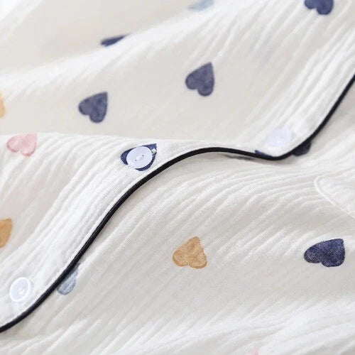 Summer Ladies Cotton Gauze Short Sleeve Shorts Pajamas Suit Cute Heart-shaped