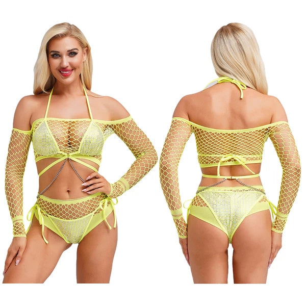 Womens Underwear Shiny Thong Crop Top Lingerie Lace-up Nightwear 4-piece Bra