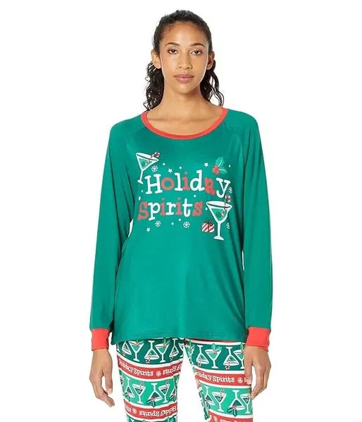 Pajamarama Merrily Coupled Long Pajama Sets Womens Green Holiday Spirits JDM1214