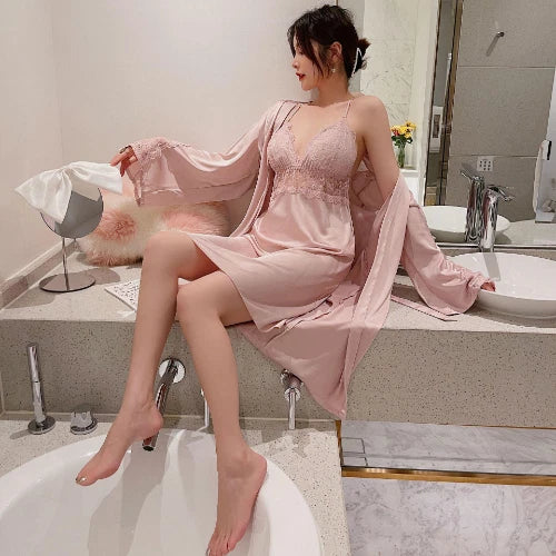 Sexy Robe Set Lace 2PCS Bathrobe Nightdress V-Neck Kimono Gown Sleepwear Suit