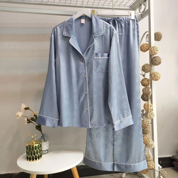 Women Silk Satin Pajamas Long Sleeve Sleepwear 2-piece Button-Down Home Wear Pjs