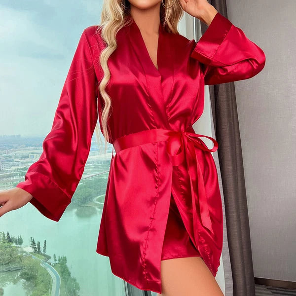 Womens Satin Kimono Robe w/ Dress Lingerie Set Nightgown Sleepwear Silk Bathrobe