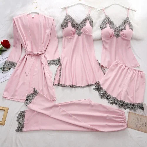 5PC Robe Sleep Suit Lace Satin Pajamas Gown Set V-Neck Wear Home Nightwear