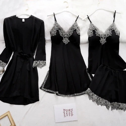 5PC Robe Sleep Suit Lace Satin Pajamas Gown Set V-Neck Wear Home Nightwear