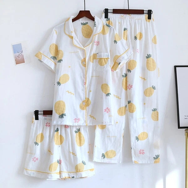 3PCS Women Pajamas Set 100% Gauze Cotton Printed Pyjamas Short Sleeve Sleepwear