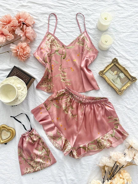 Floral Print Cami Tops Ruffle Hem Shorts Pajama Set Women's Sleepwear Loungewear