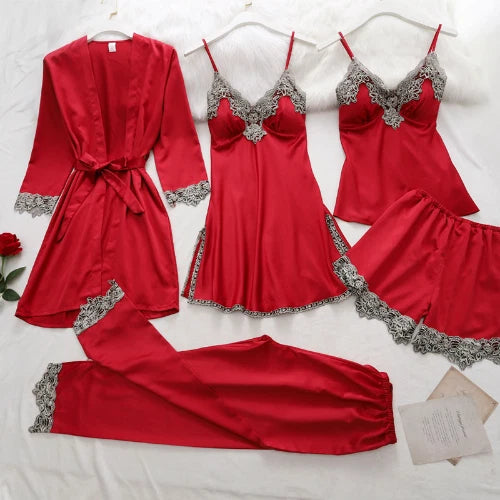 5PC Ice Silk Robe Sleep Suit Women Lace Satin Pajamas Gown Set V-Neck Nightwear
