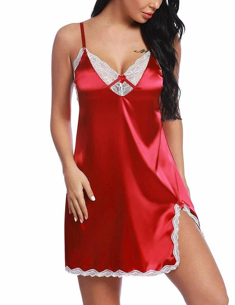 Sexy Lingerie Women Satin Lace Chemise Nightgown Silk Negligee Sling Nightshirt