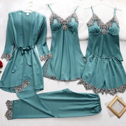 5PC Robe Sleep Suit Lace Satin Pajamas Gown Set V-Neck Wear Home Nightwear