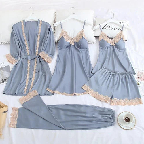 5PC Ice Silk Robe Sleep Suit Women Lace Satin Pajamas Gown Set V-Neck Nightwear