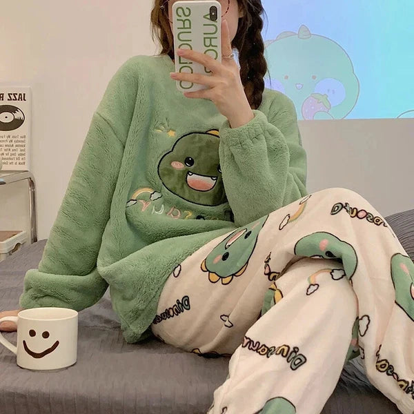 Sleepwear Thickening Round Neck Long Sleeve Women's 2 Pieces Set Dinosaur Suit