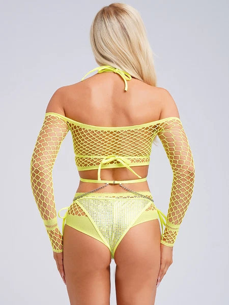 Womens Underwear Shiny Thong Crop Top Lingerie Lace-up Nightwear 4-piece Bra