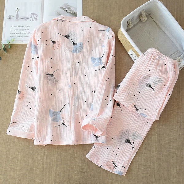 Japanese Women 100% Gauze Cotton Pajamas Set Long Sleeve Sleepwear Nightwear New