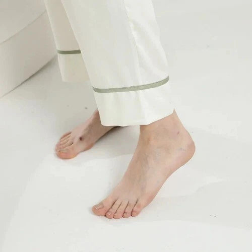 Female 2PCS Pajamas Set Spring Autumn Sleepwear Trouser Suits V-Neck White