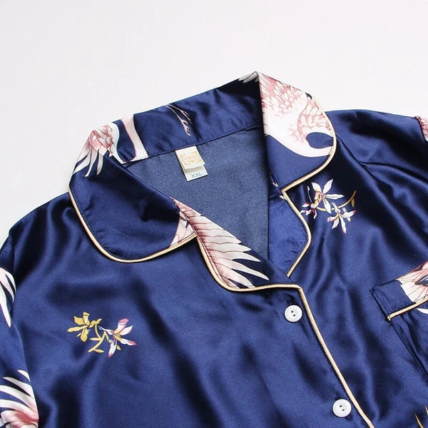 Women's Long Sleeve Silk Pajama Set Button-Down Sleepwear Print Loungewear Plus