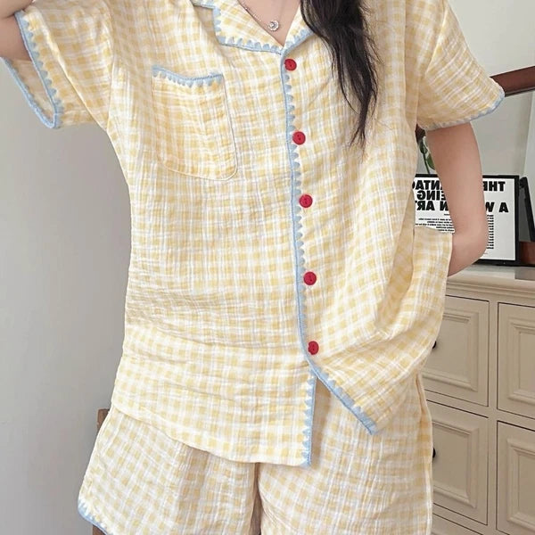 Summer Thin Plaid Pajama Set Cute 2 Piece Sleepwear Indoor Outdoor-