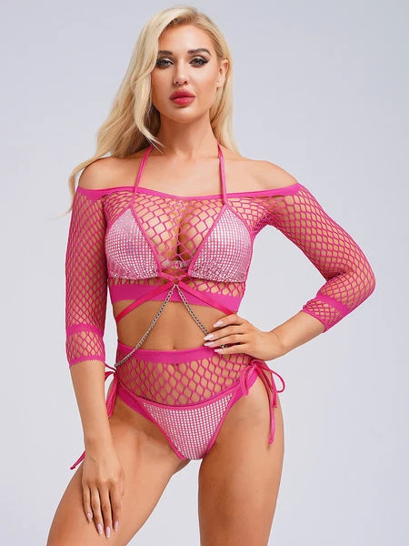 Womens Underwear Shiny Thong Crop Top Lingerie Lace-up Nightwear 4-piece Bra