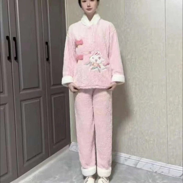 Plush Two Piece Pajama Set Rabbit Winter Sleepwear Home-