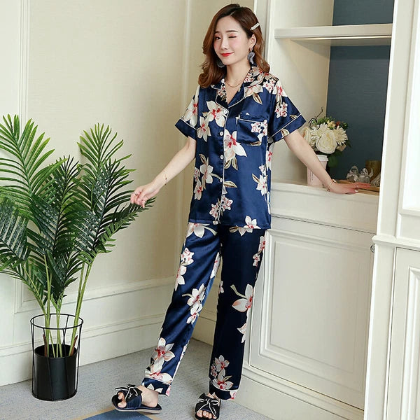 Women's Satin Pyjamas Set Short Sleeve Button-Down Sleepwear Silk PJS Loungewear