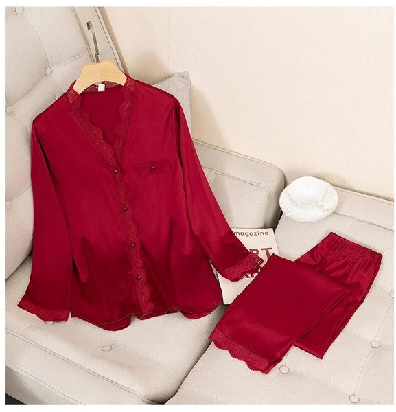 Pajamas Set Satin Women 2 Piece Sleepwear Silky Pyjamas Nightwear Shirt&Pants