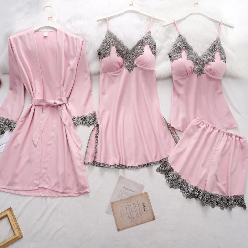 5PC Ice Silk Robe Sleep Suit Women Lace Satin Pajamas Gown Set V-Neck Nightwear