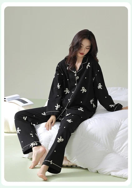Women's Pajamas Set Long Sleeve Cardigan Bow Print Comfortable Antibacterial Homewear-