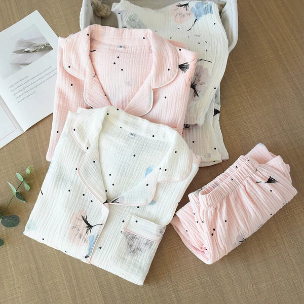 Japanese Women 100% Gauze Cotton Pajamas Set Long Sleeve Sleepwear Nightwear New