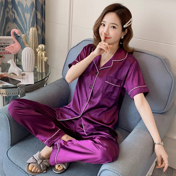 Womens/Ladies Long Sleeve Silk Satin Pyjamas Pyjama PJs Soft Silk PJS Nightwear