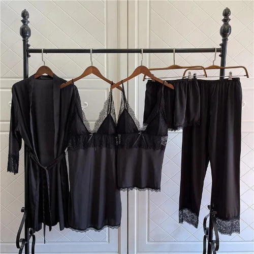 Women Satin Pajamas Suit V-Neck Kimono Robe Set with Cheast Pads Nightwear Sexy