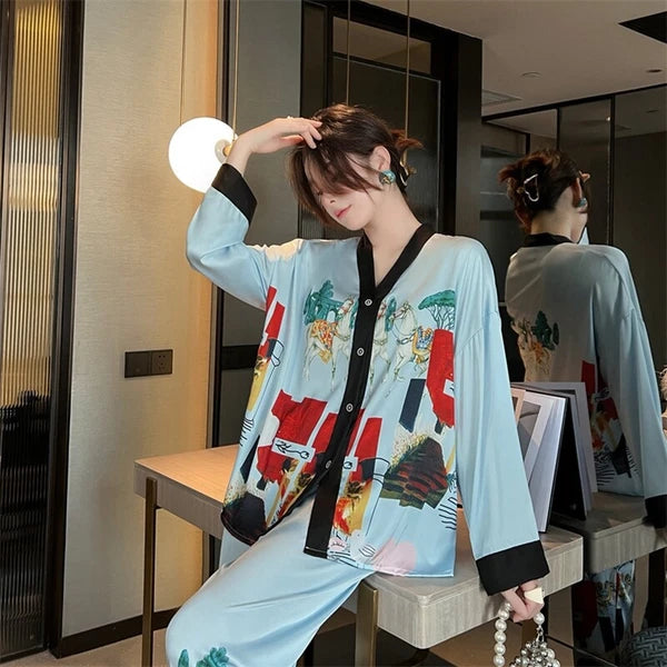 Women's Pajamas Set Luxury Print Silk Sleepwear V Neck Design Homewear Nightwear