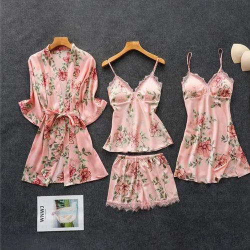 Pink Pajamas Sets Womens Strap Top Pants Sleepwear Suit Nightwear Robe Bath Gown