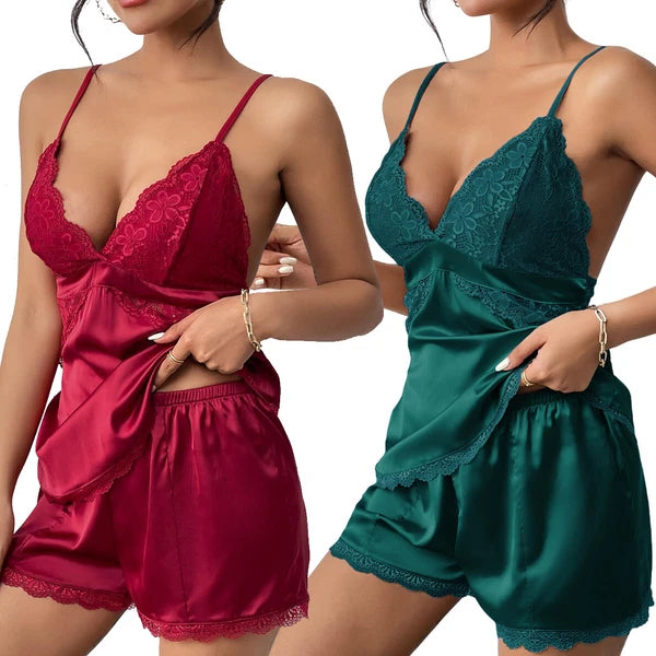 Women Sleepwear Satin Pajamas Set Lace Camisole Shorts Nightwear Sexy Lingerie