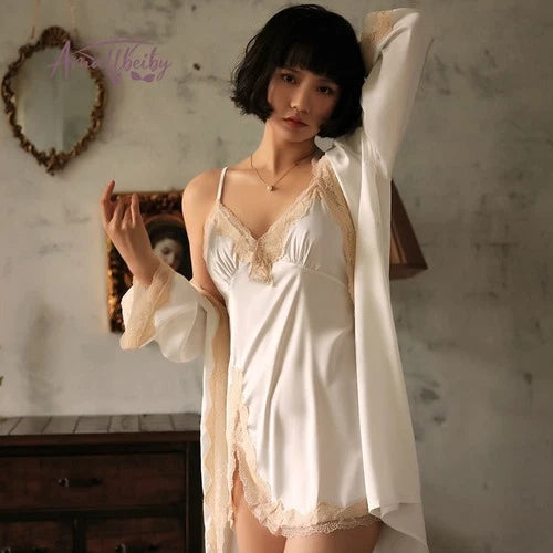 Luxury Sleepwear Robe Sexy Ice Silk Lace-up Bathrobe Pajama Set Embroidery Silky
