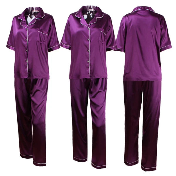 Women's Satin Pyjamas Set Short Sleeve Button-Down Sleepwear Silk PJS Loungewear