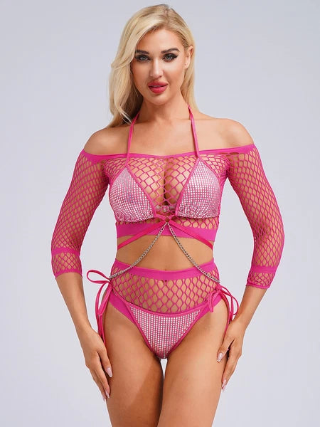 Womens Underwear Shiny Thong Crop Top Lingerie Lace-up Nightwear 4-piece Bra