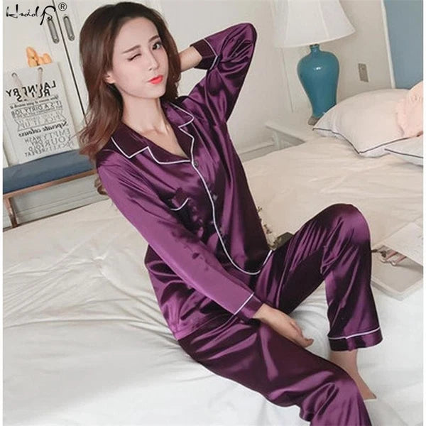 Womens/Ladies Long Sleeve Silk Satin Pyjamas Pyjama PJs Soft Silk PJS Nightwear