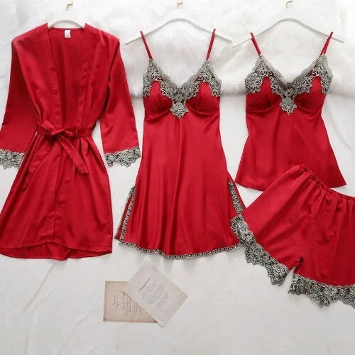 5PC Robe Sleep Suit Lace Satin Pajamas Gown Set V-Neck Wear Home Nightwear