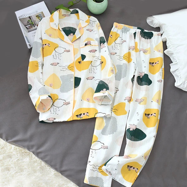 Women Pajamas Set 100% Cotton Printed Sleepwear Casual Nightwear Gauze Home Wear